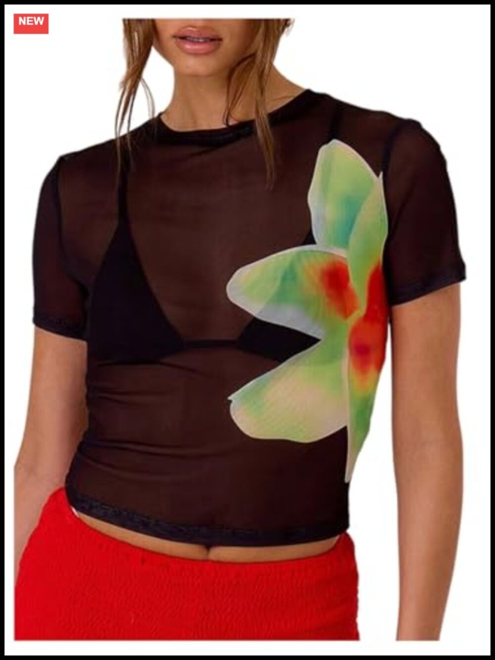 Women's Sheer Mesh Floral Crop Top Short Sleeve See Through Y2K